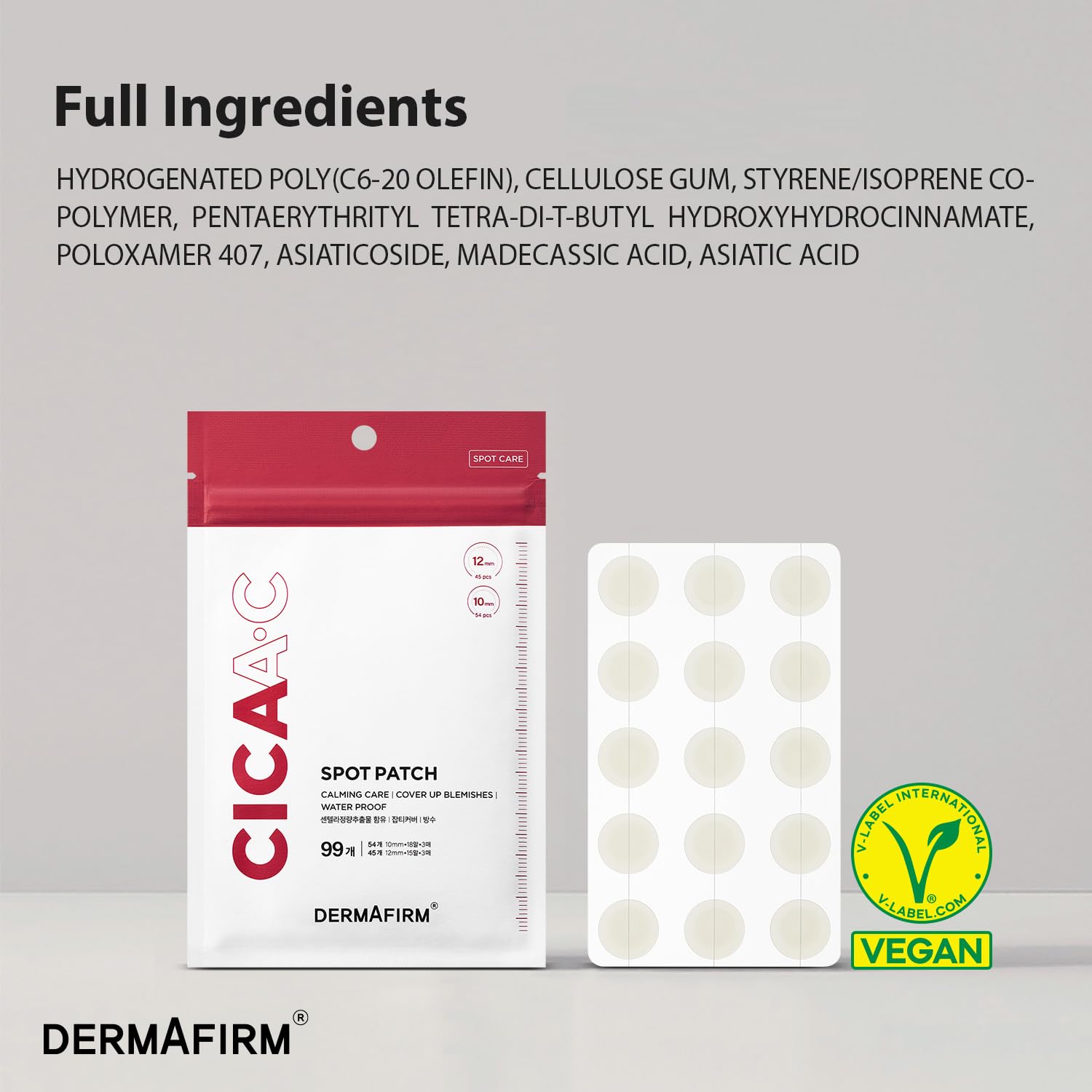 Dermafirm CICA A.C Spot Patch - Korean Skin Care Pimple Patches for Face w/Centella Asiatica - Invisible Vegan Hydrocolloid Pimple Patches - Water Resistant Hydrocolloid 10mm & 12mm (99EA)