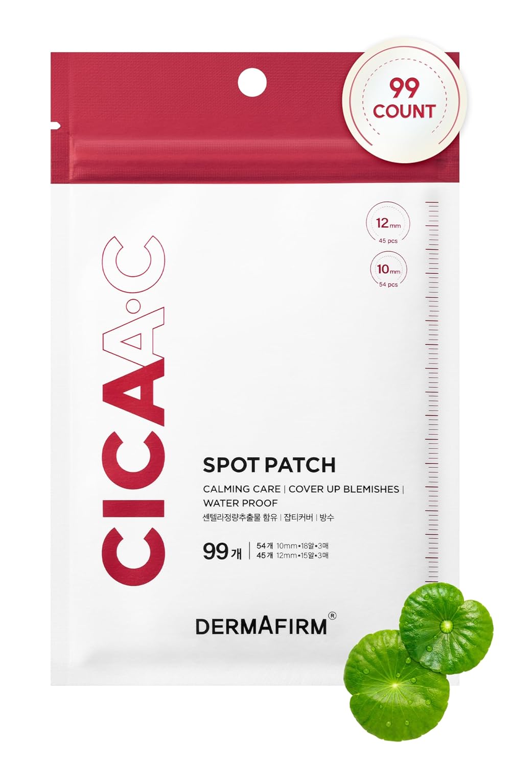 Dermafirm CICA A.C Spot Patch - Korean Skin Care Pimple Patches for Face w/Centella Asiatica - Invisible Vegan Hydrocolloid Pimple Patches - Water Resistant Hydrocolloid 10mm & 12mm (99EA)