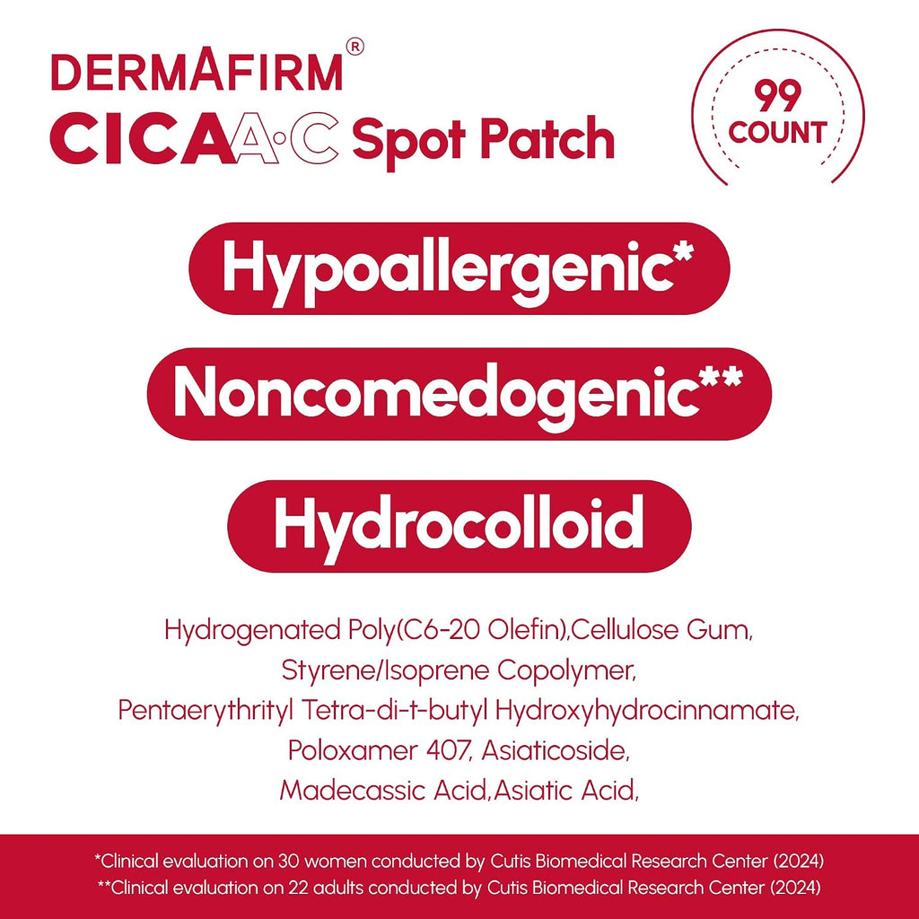 Dermafirm CICA A.C Spot Patch - Korean Skin Care Pimple Patches for Face w/Centella Asiatica - Invisible Vegan Hydrocolloid Pimple Patches - Water Resistant Hydrocolloid 10mm & 12mm (99EA)
