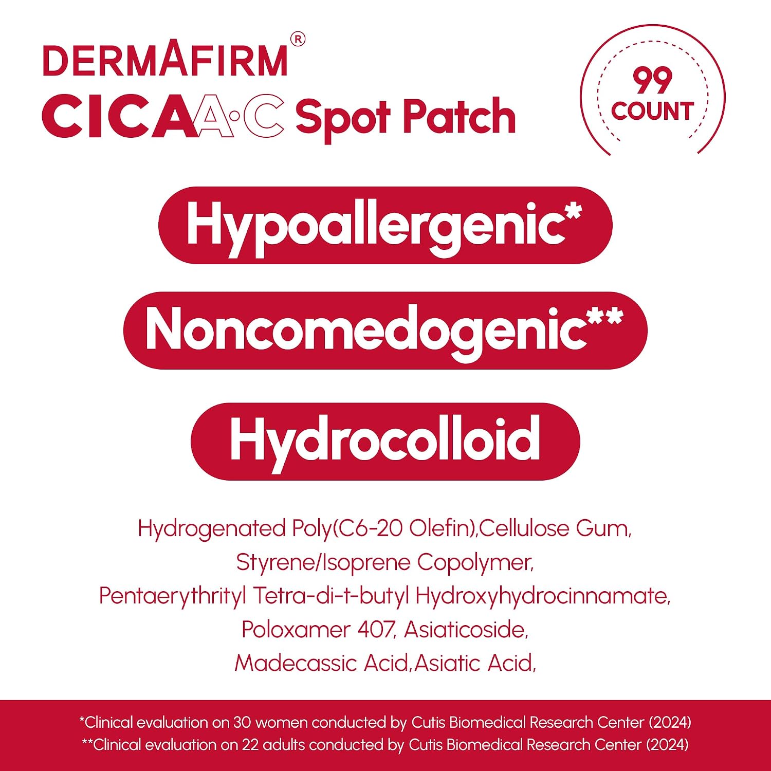 Dermafirm CICA A.C Spot Patch - Korean Skin Care Pimple Patches for Face w/Centella Asiatica - Invisible Vegan Hydrocolloid Pimple Patches - Water Resistant Hydrocolloid 10mm & 12mm (99EA)