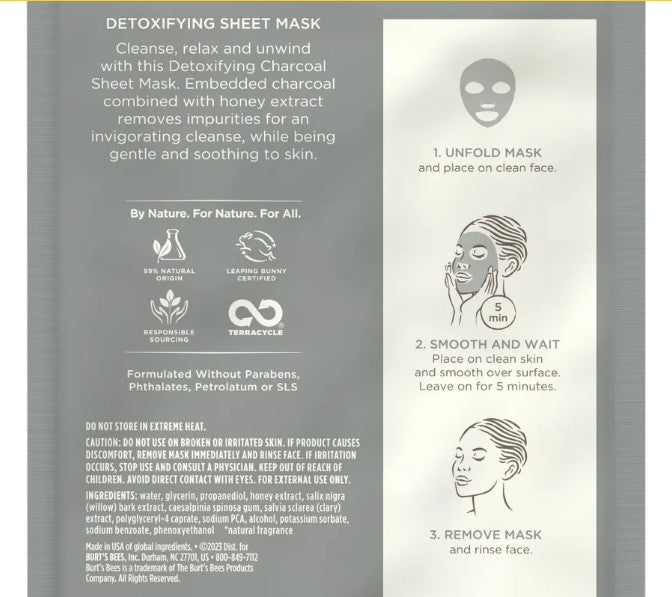 Burt's Bees Detoxifying Charcoal Sheet Mask with Honey single use 1 ct