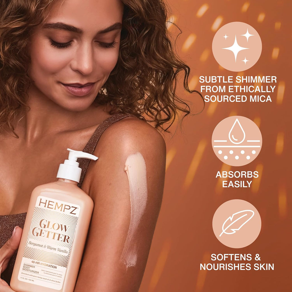 Hempz Glow Getter Body Lotion, Hydrating Moisturizer with Shimmer, 17 oz.
