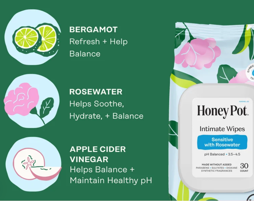The Honey Pot Sensitive Bergamot Rose Feminine Wipes 30 count